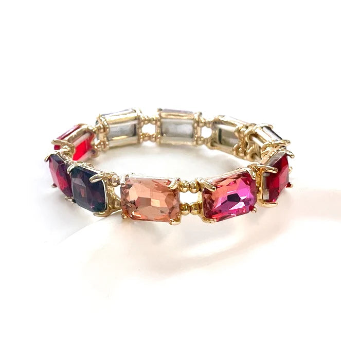 Pink Multi Rectangle Crystal Stretch Bracelet