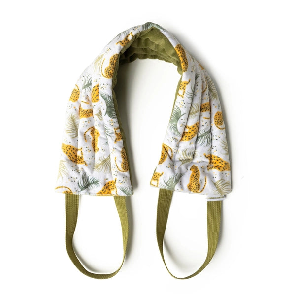 Hot Stuff Heated Neck Wrap in cheetah and palm print, out of the box with olive straps