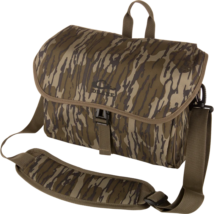Drake Hardline blind bag in Bottomland camo with shoulder strap, front angle view
