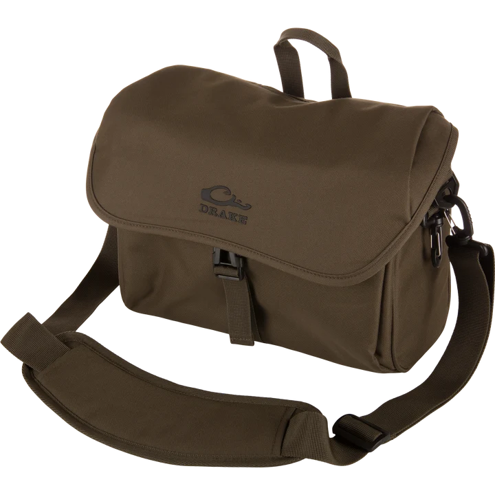 Drake Hardline blind bag in solid olive brown with shoulder strap, front angle view