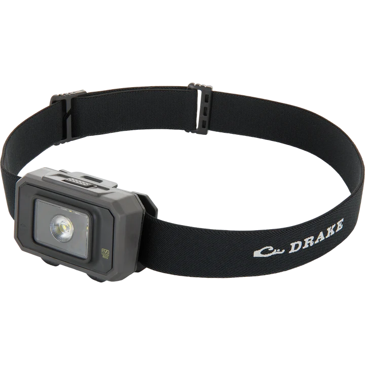 Drake EVO 200 LED headlamp on black elastic strap with Drake logo