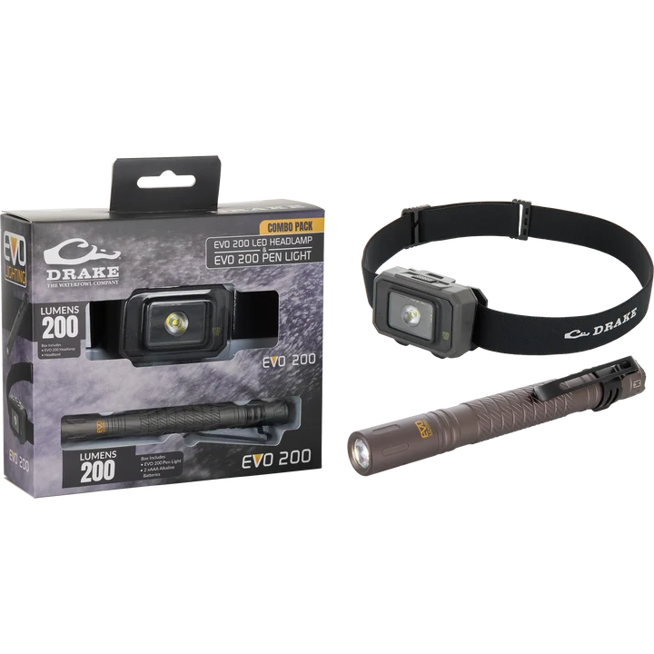 Drake EVO 200 LED headlamp and pen light combo pack, box shown with both lights