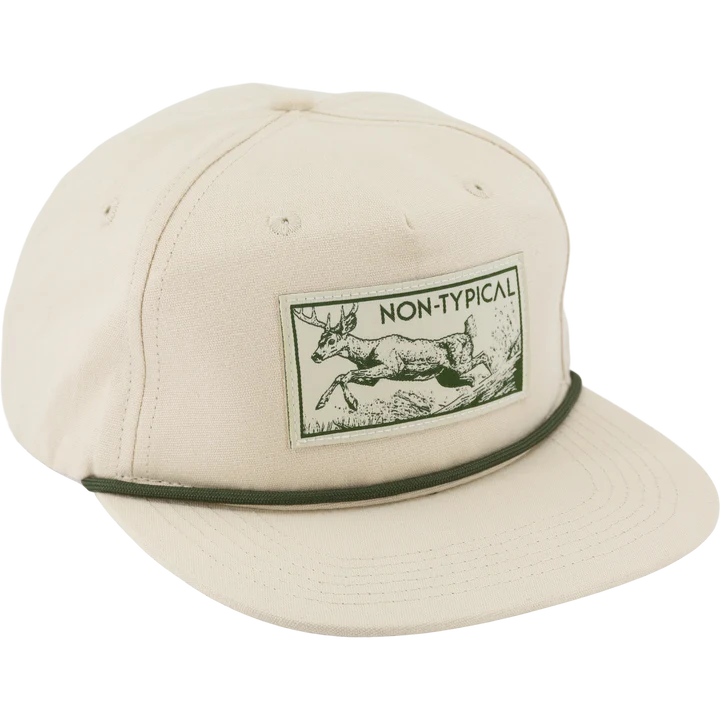 Drake Non-Typical x Lost Hat Goat Rope cap in cream with green rope and running buck patch