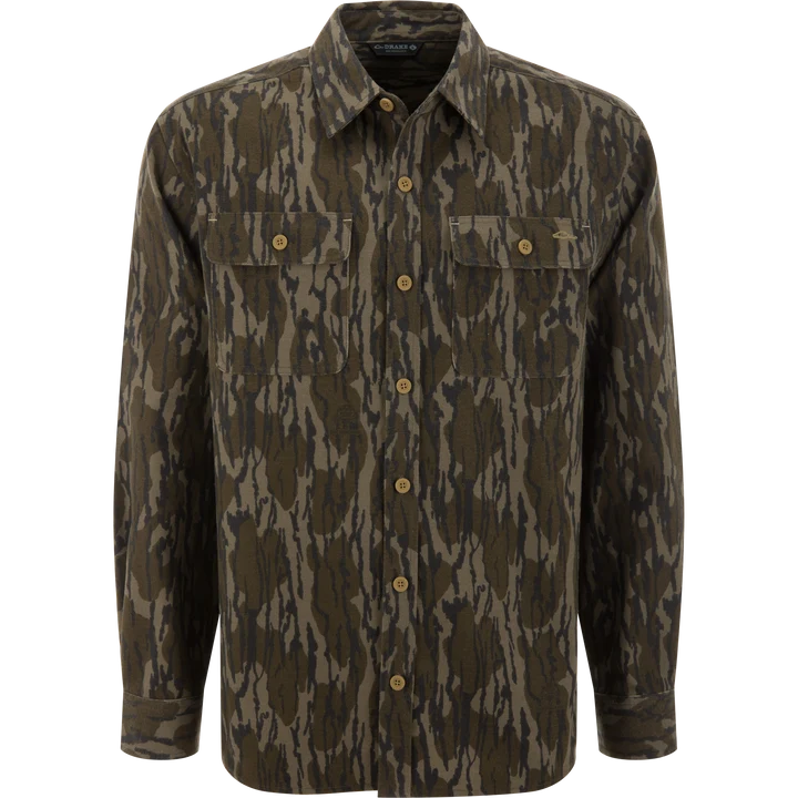 Drake men's Legacy flannel shirt in Bottomland camo, front view