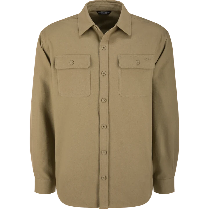 Drake men's Legacy flannel shirt in solid tan, front view