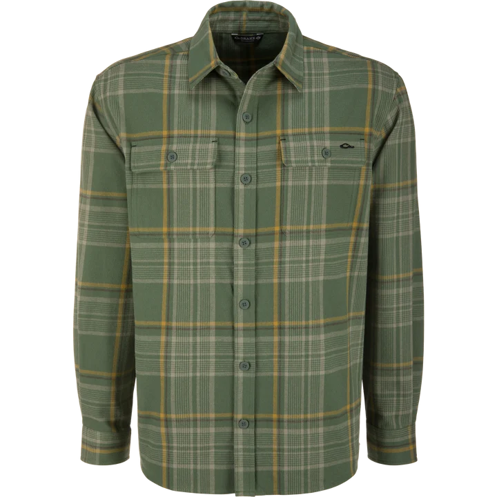 Drake men's Legacy flannel shirt in green and tan plaid, front view
