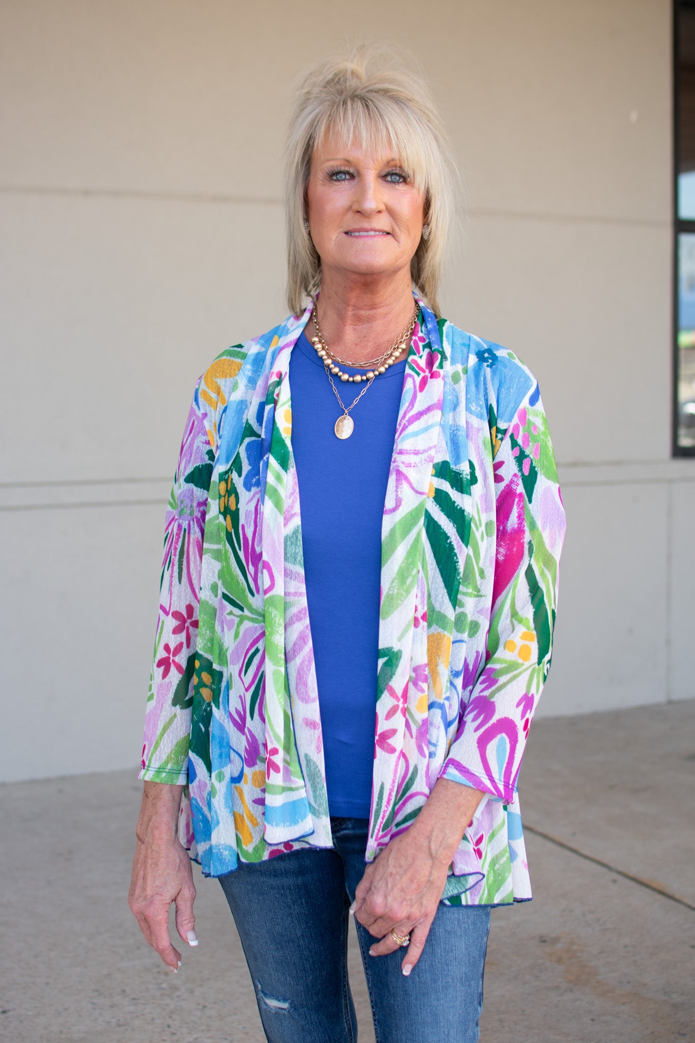 Jess & Jane Blue Rosy Crepe Mesh Drape Cardigan