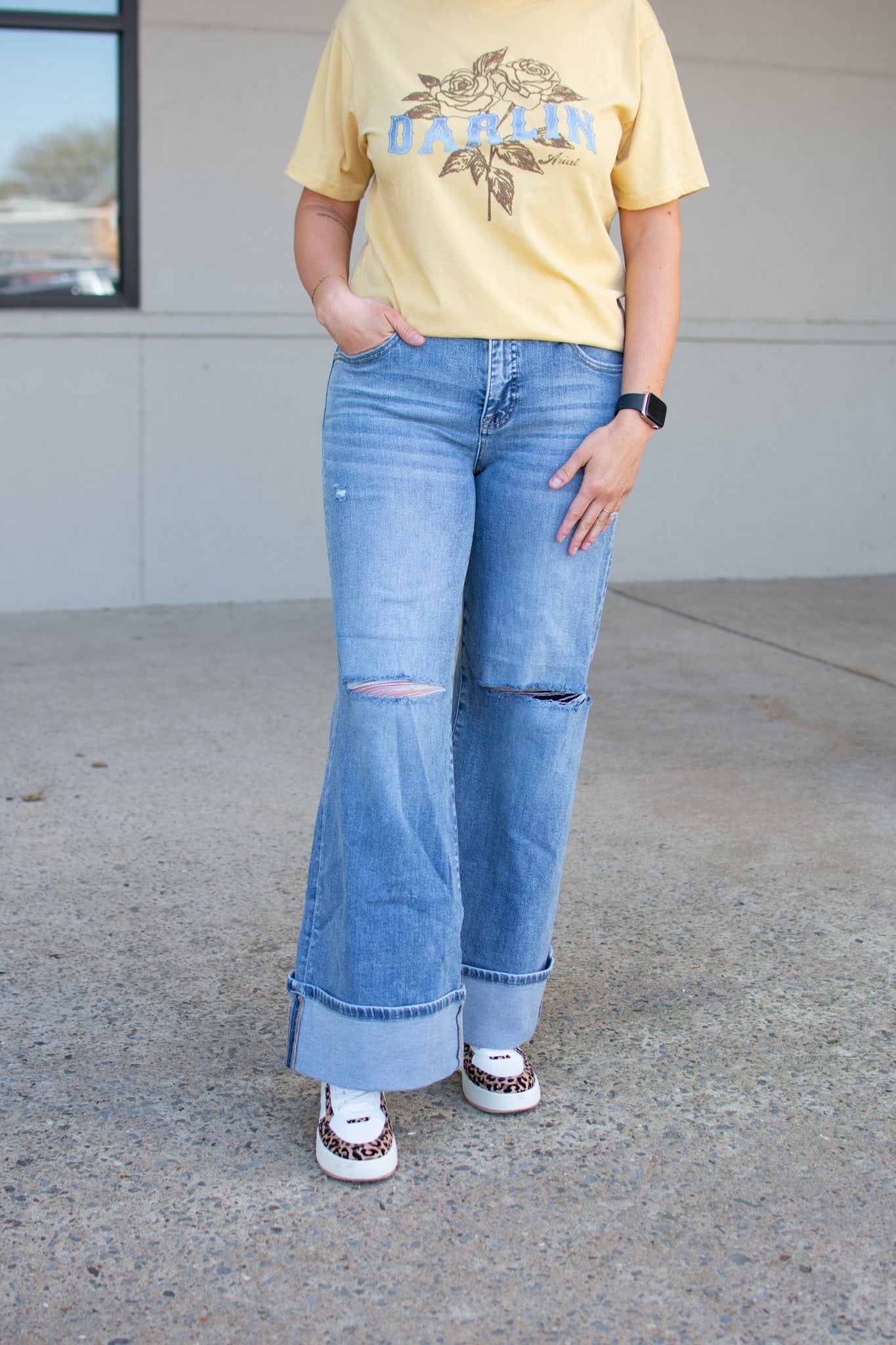 Tummy Control Mid Rise Risen Wide Cuffed Jeans