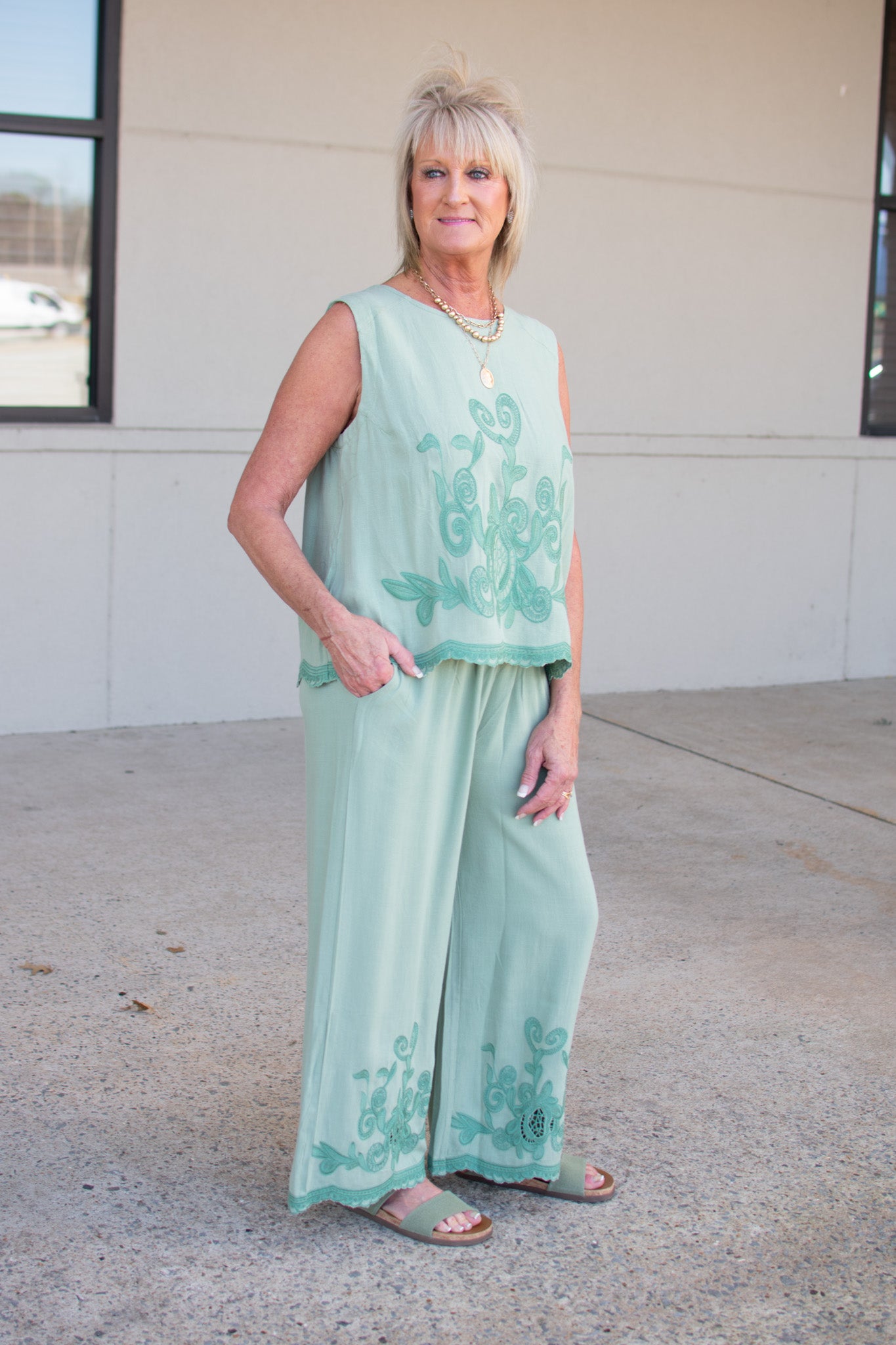 Set The Stage Sage Green Embroidered Pants