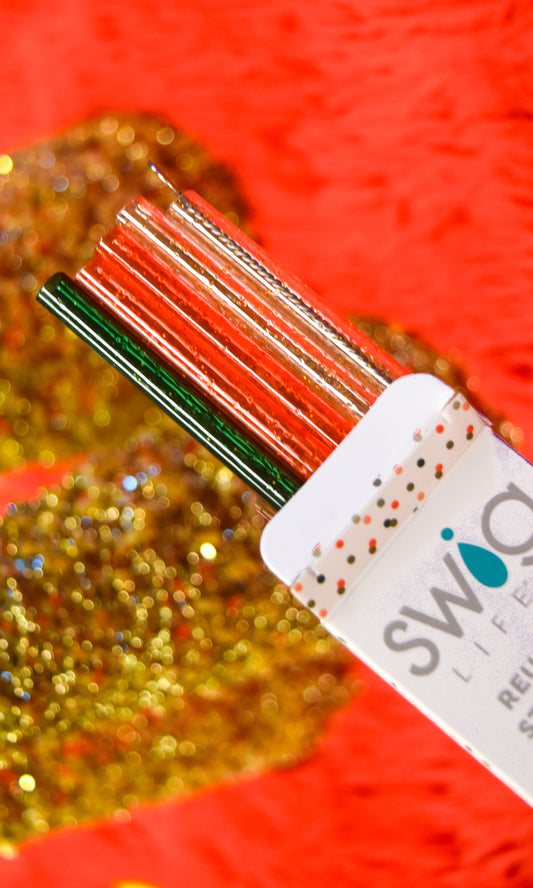Christmas Glitter Reusable Straw 6 Straws & Cleaning Brush Set