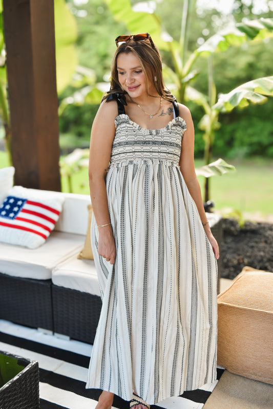 Steady Heart Cream Black Stripe Midi Dress