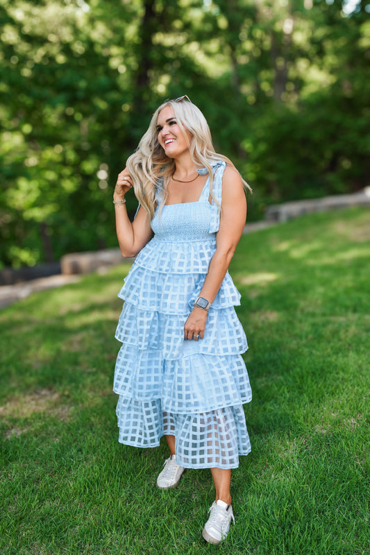 United Love Blue Smocked Ruffle Midi Dress