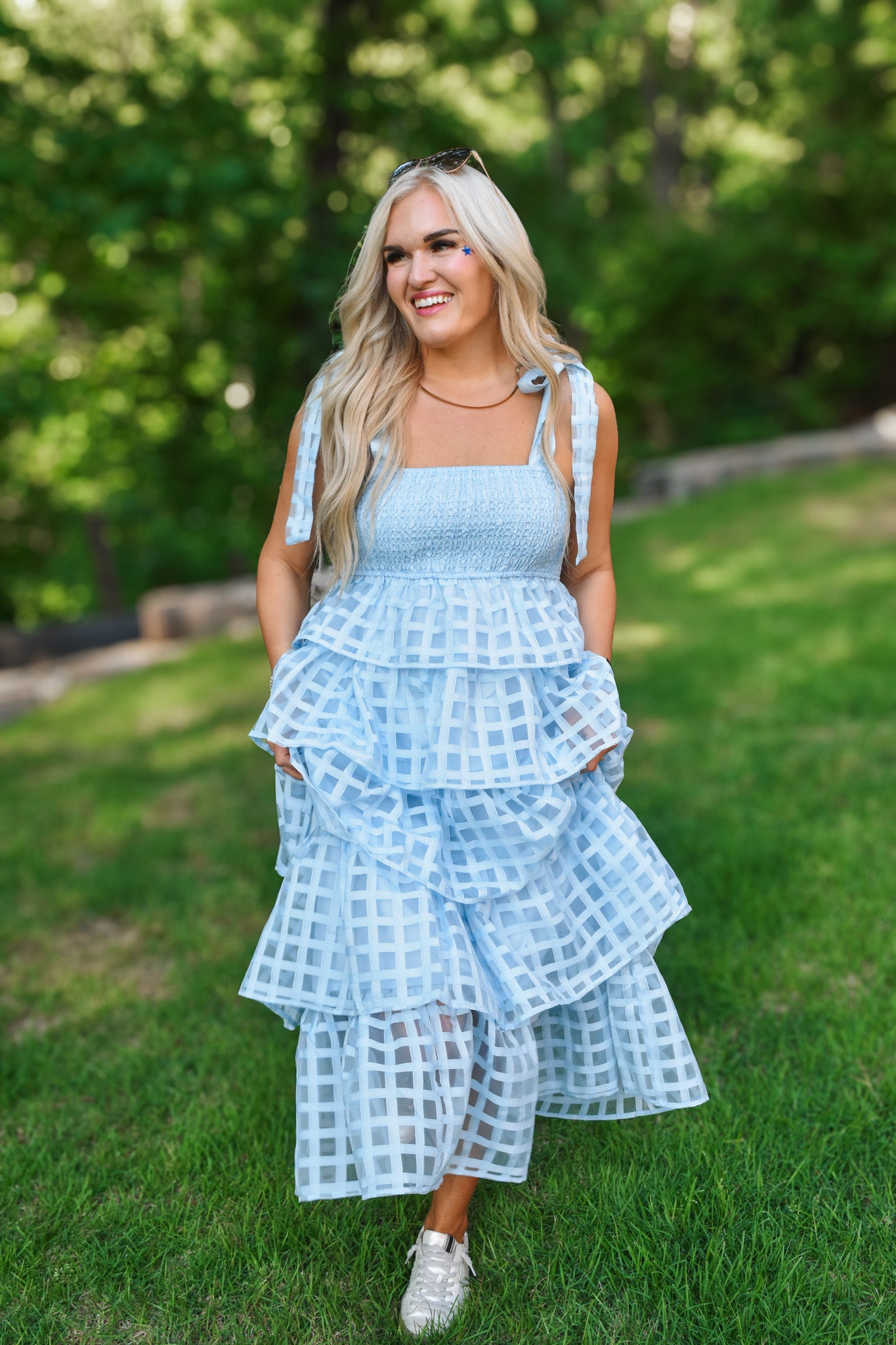 United Love Blue Smocked Ruffle Midi Dress
