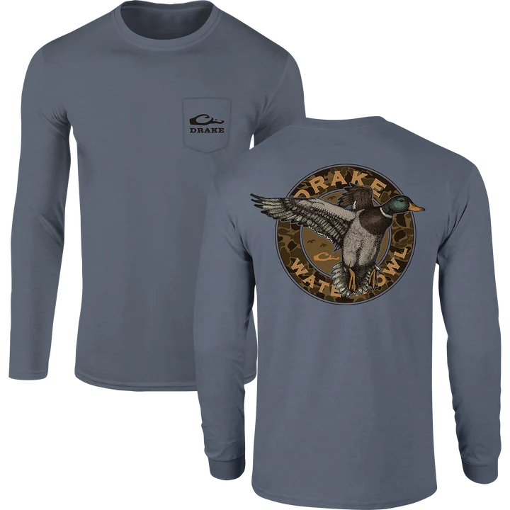 Drake Circle Mallard long sleeve tee in slate blue, front pocket logo and back mallard graphic