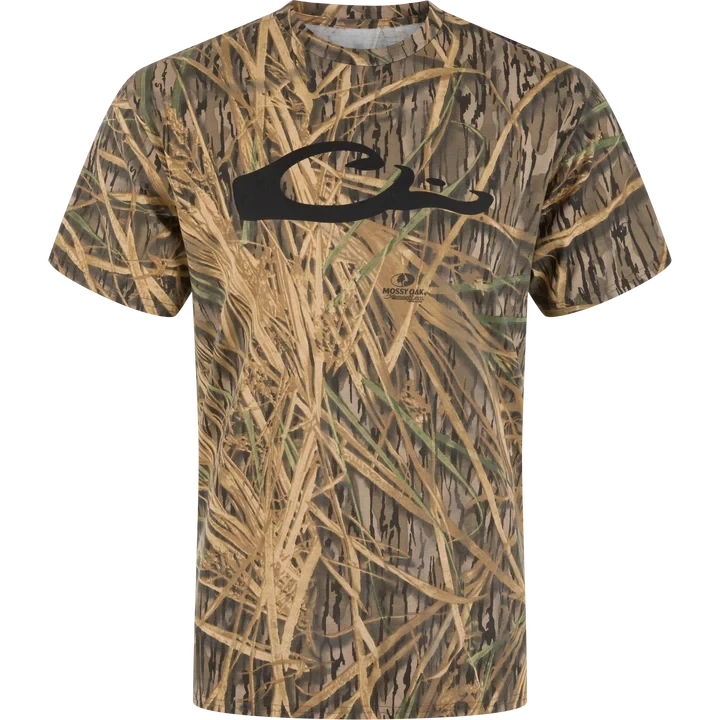 Drake men's camo graphic logo tee in Shadowgrass camo with black duck logo, front