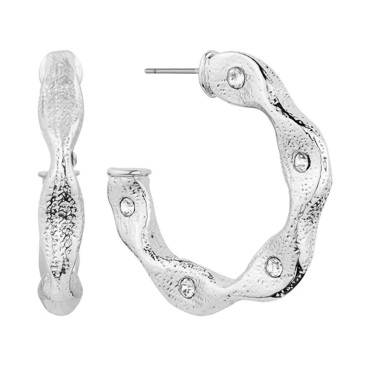 Metal Textured Silver Hoop 2" Earrings