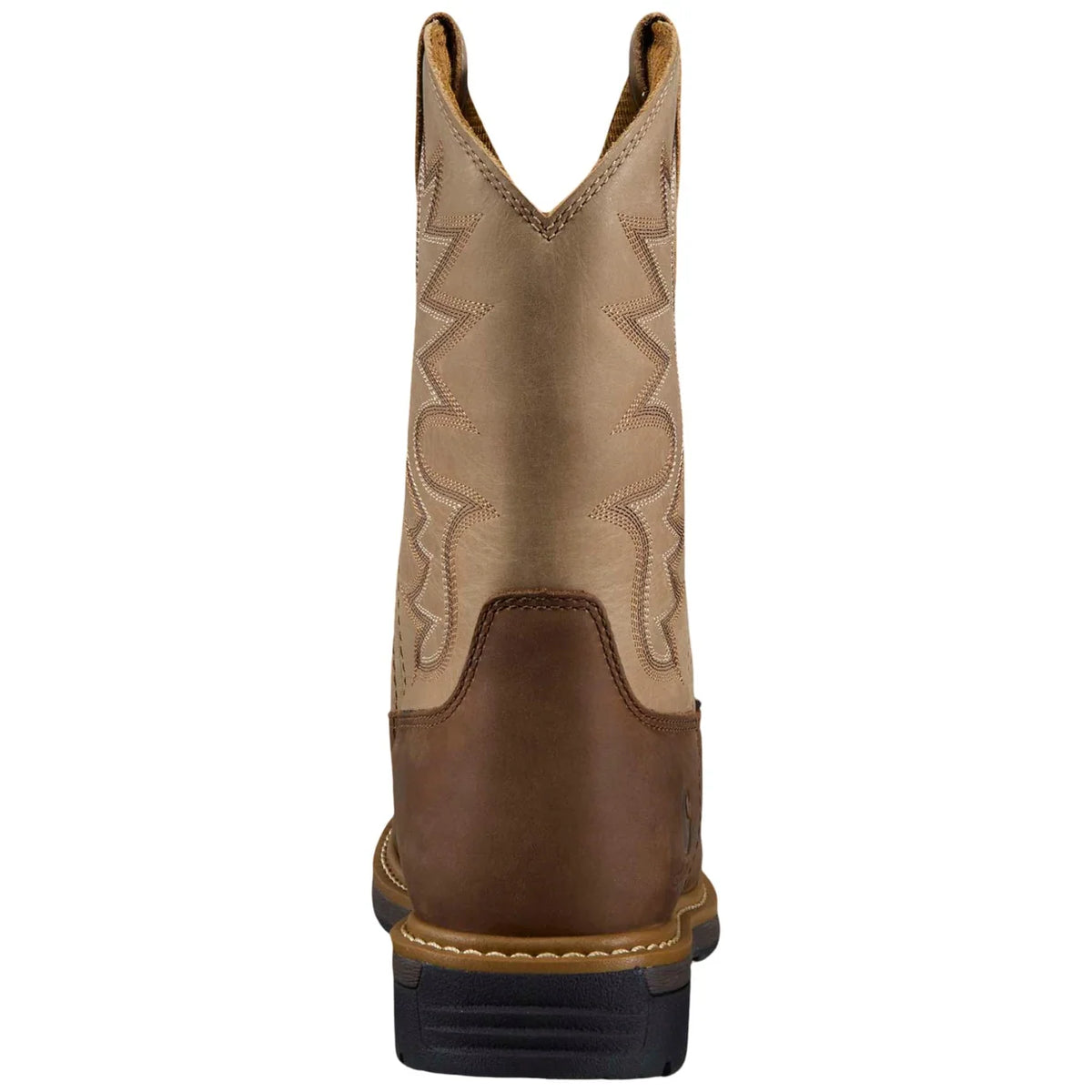 Carhartt Bandera brown and cream Wellington boot, back view of heel and pull tabs