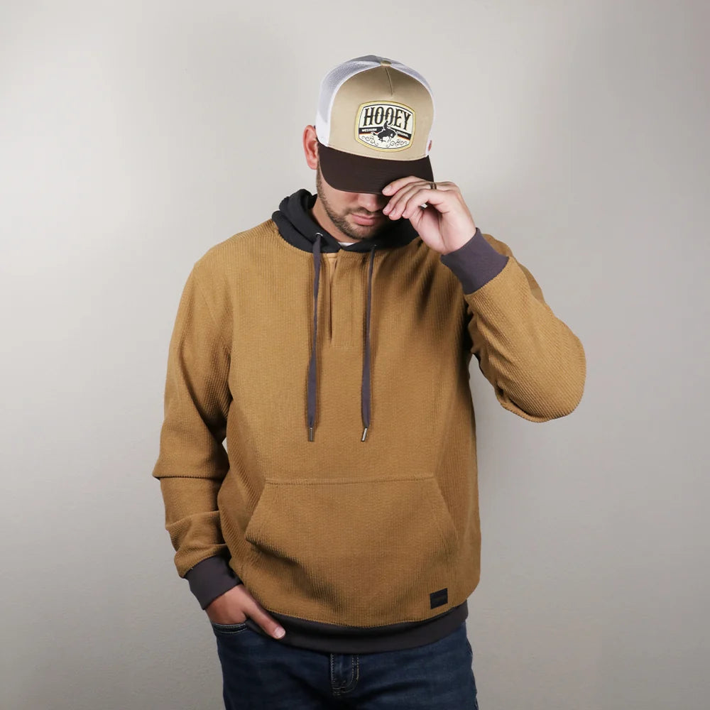 Hooey Men's Cowboy Corduroy Hoodie in brown, front view with kangaroo pocket and drawstrings