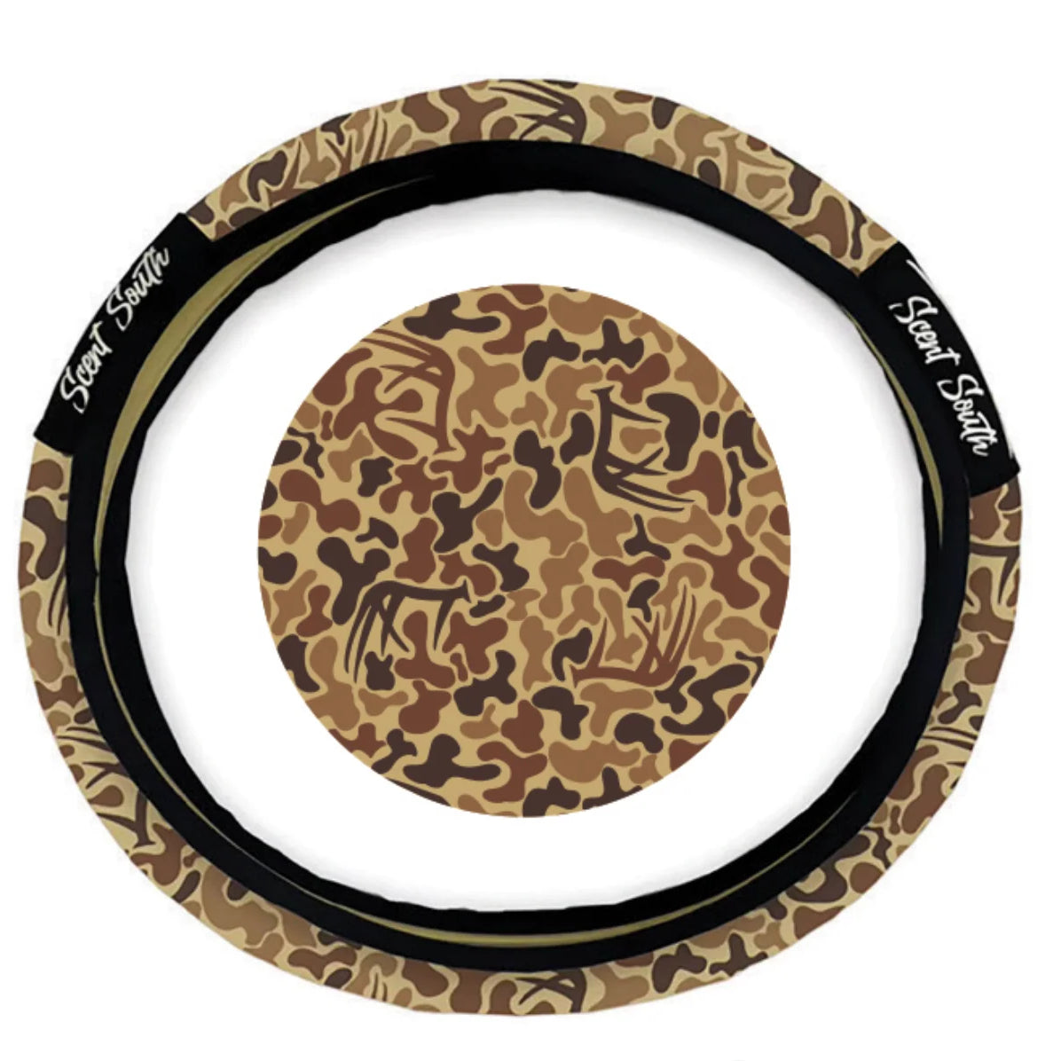 Grey and white camo print steering wheel cover with black trim