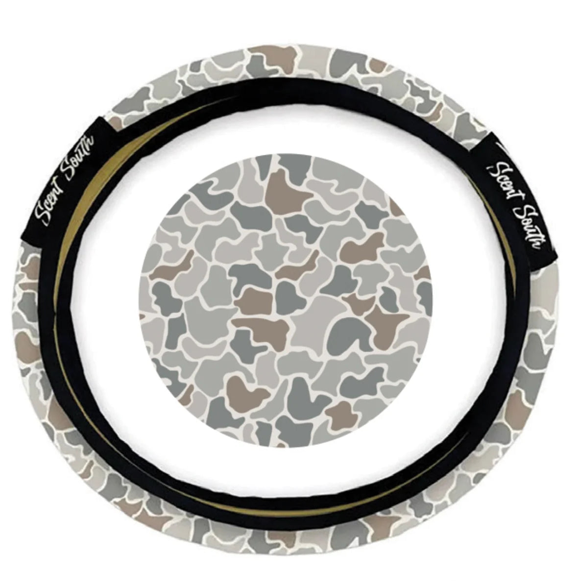 Grey and white camo print steering wheel cover with black trim