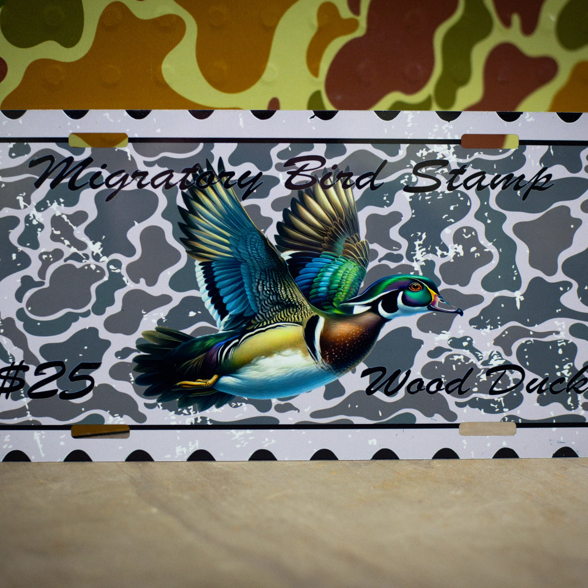 Decorative license plates in camo turkey, farm, and patriotic novelty designs