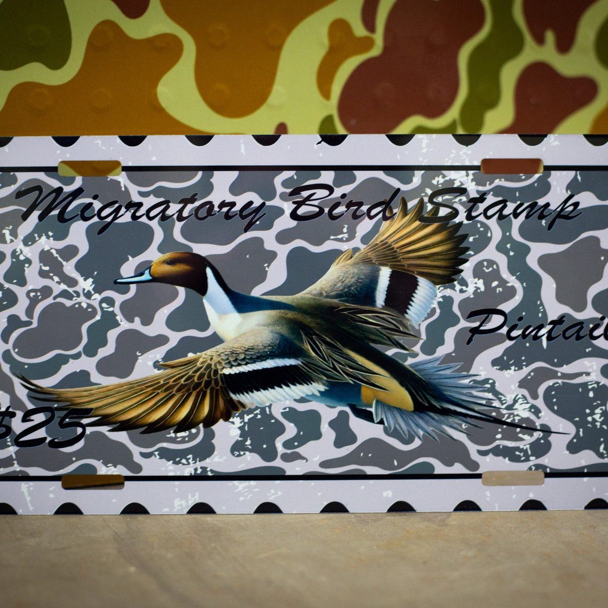 Decorative license plates in camo turkey, farm, and patriotic novelty designs