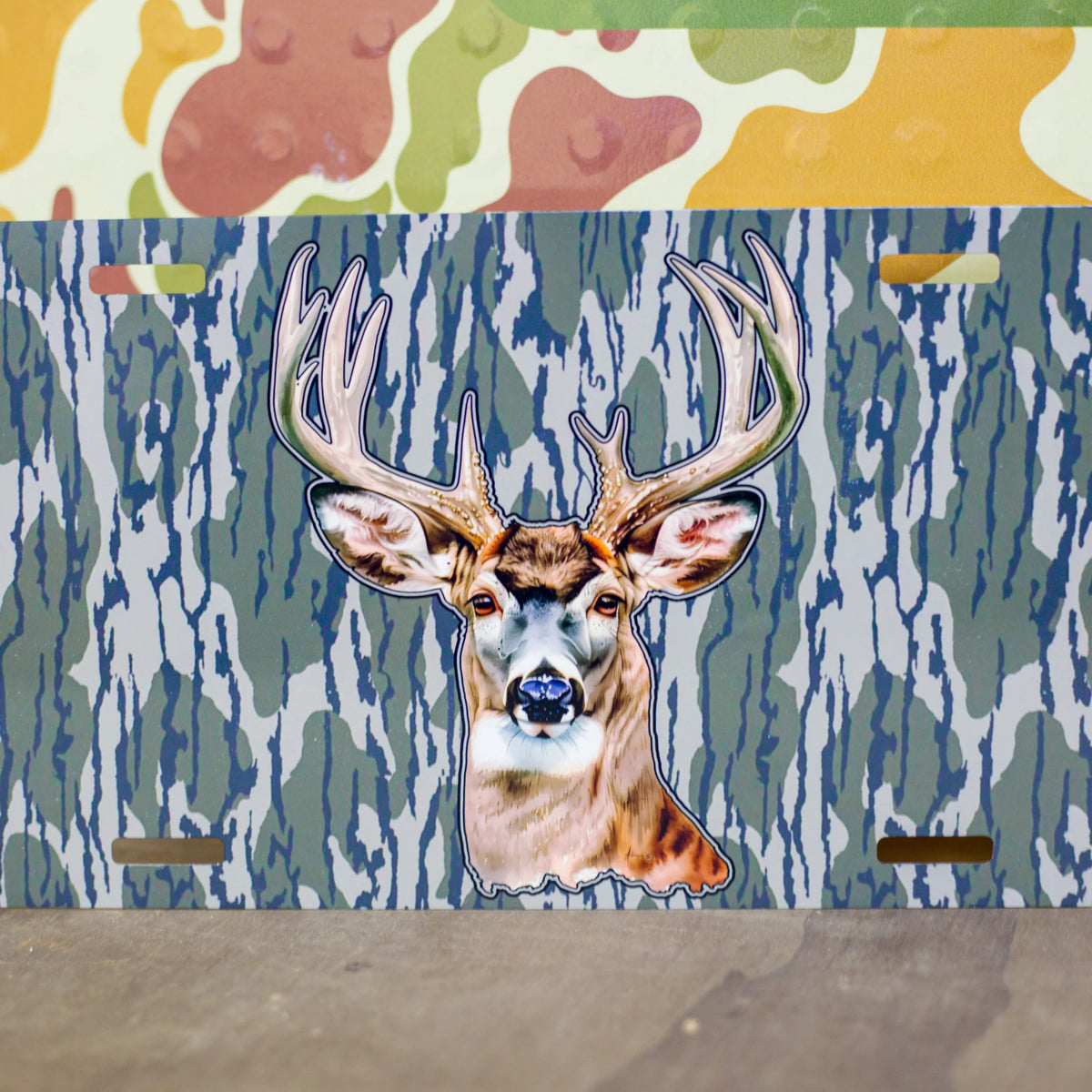 Decorative license plates in camo turkey, farm, and patriotic novelty designs