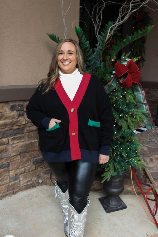 Sequin Nutcracker Color Block Black Cardigan
