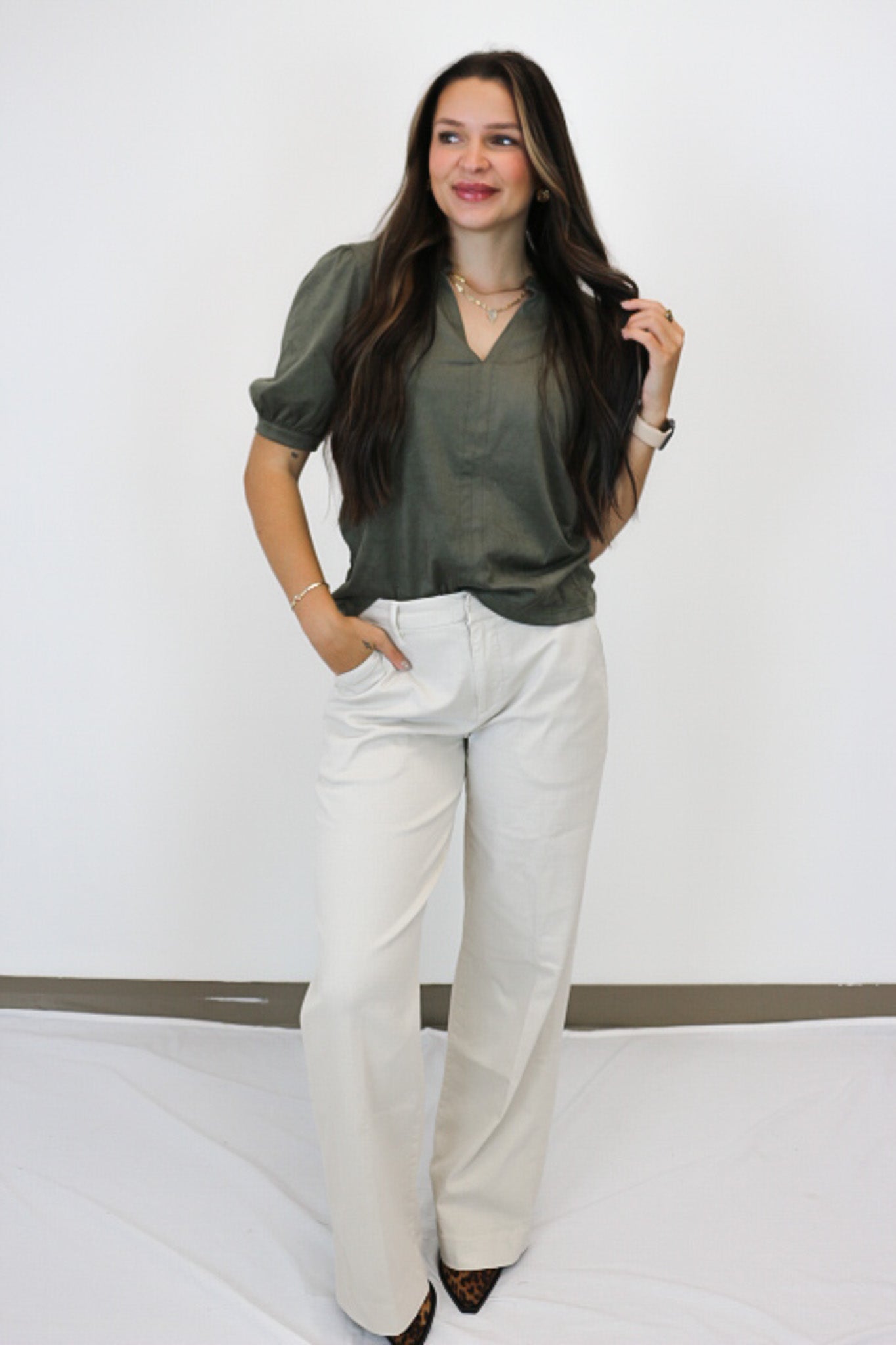City Sleek Kalia Green Suede Blouse