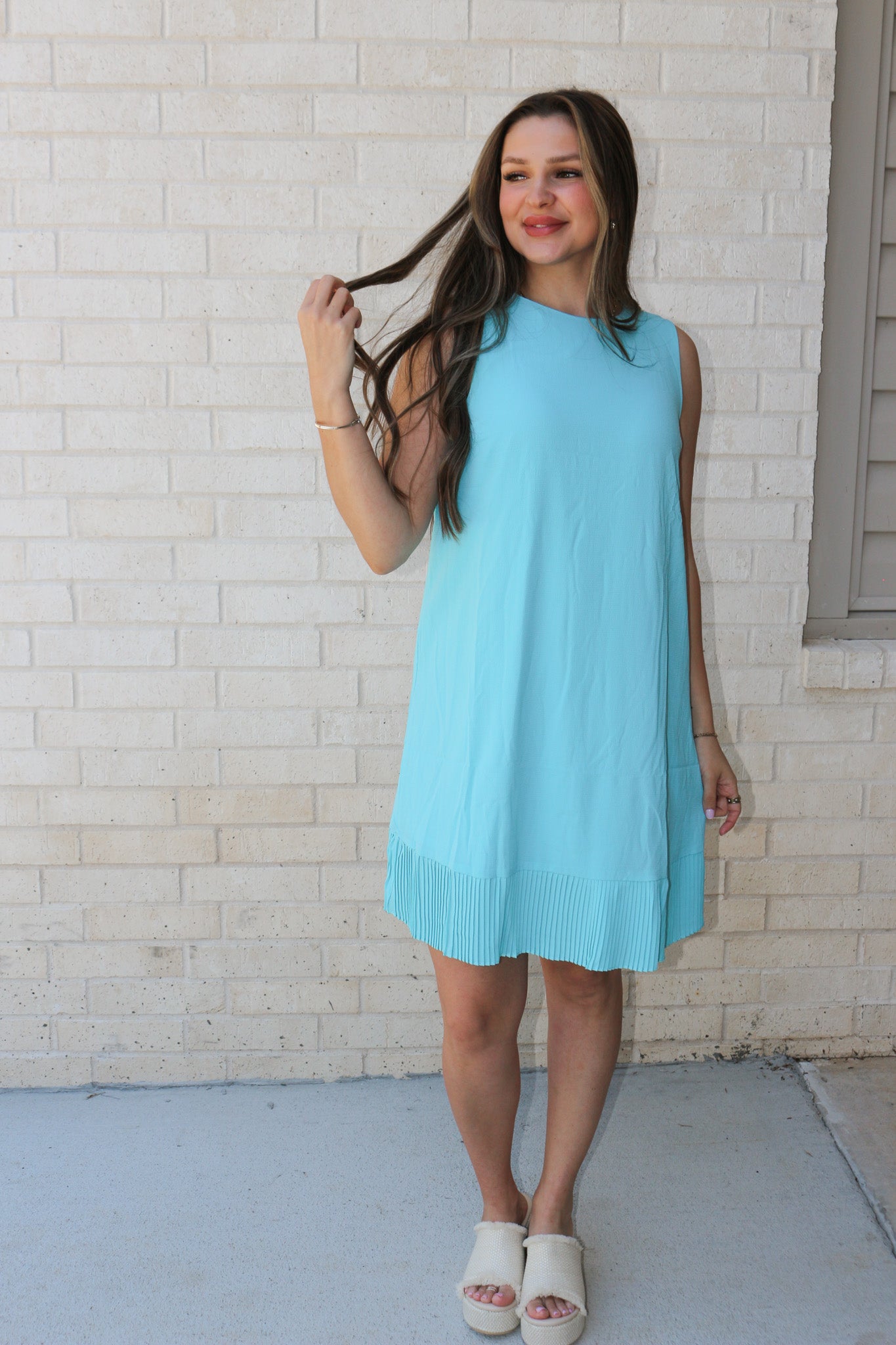 Walks On The Shore Aqua Blue Pleated Dress