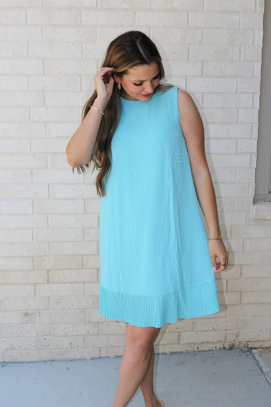 Walks On The Shore Aqua Blue Pleated Dress