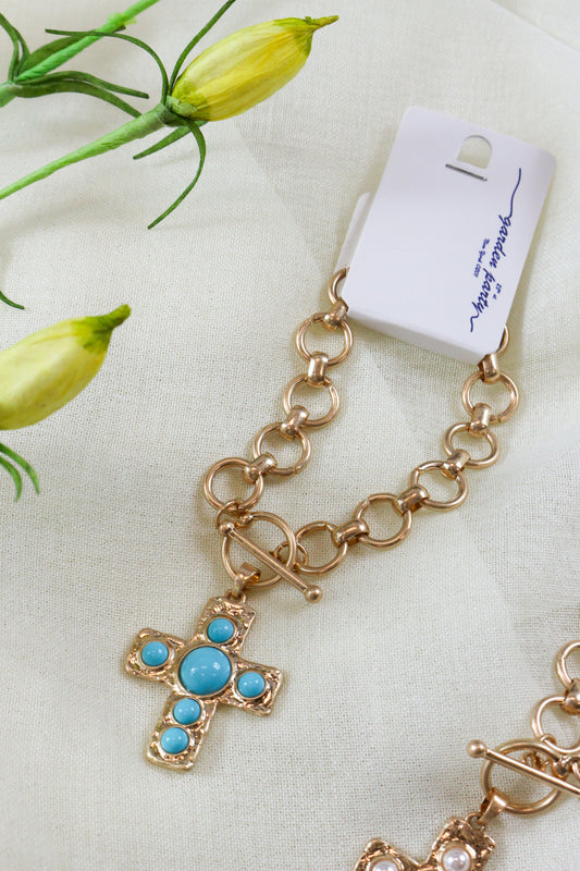 Gold Open Chain Cross Pendant Bracelet -2 Colors