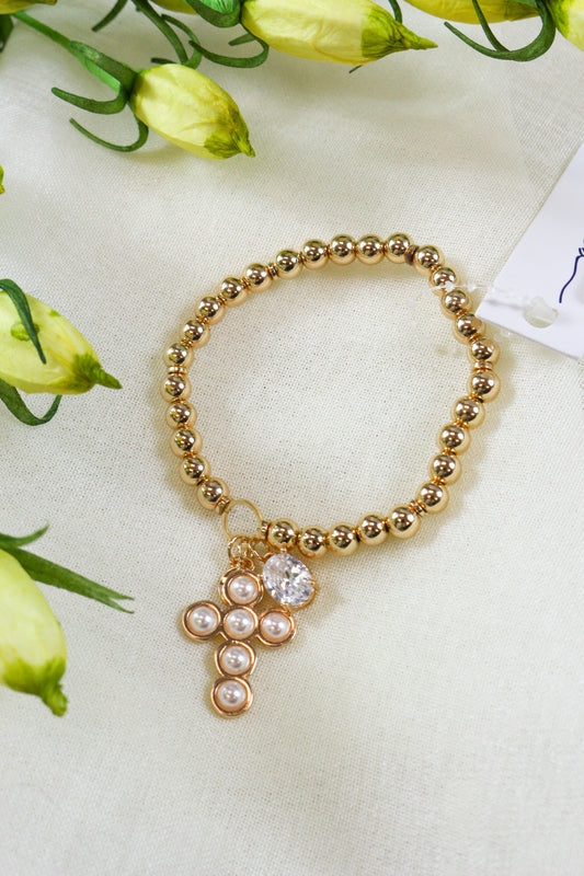 Gold Beaded Cross Charm Bracelet