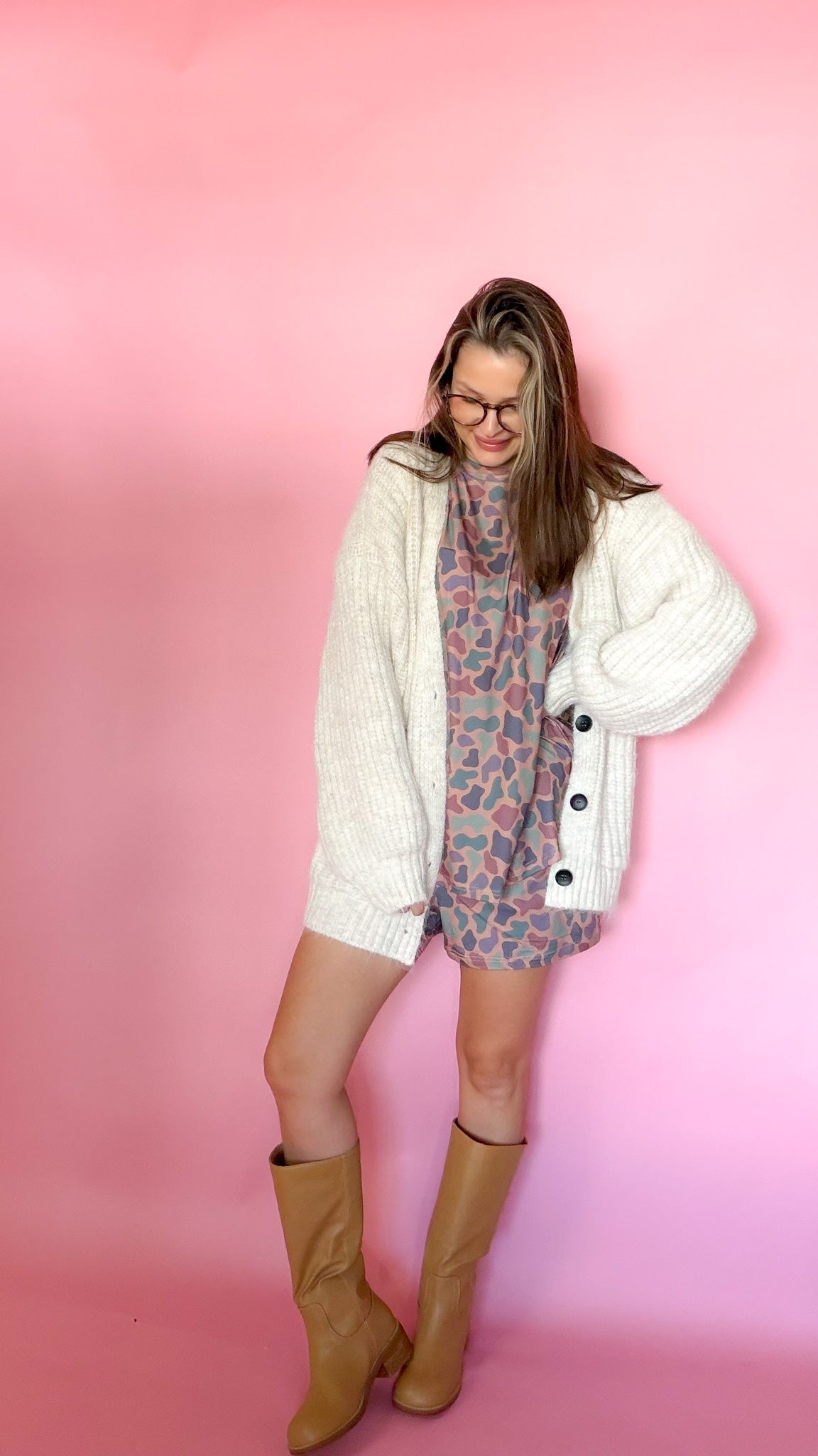 Oversized oatmeal chunky knit cardigan, button front, worn open over a graphic tee