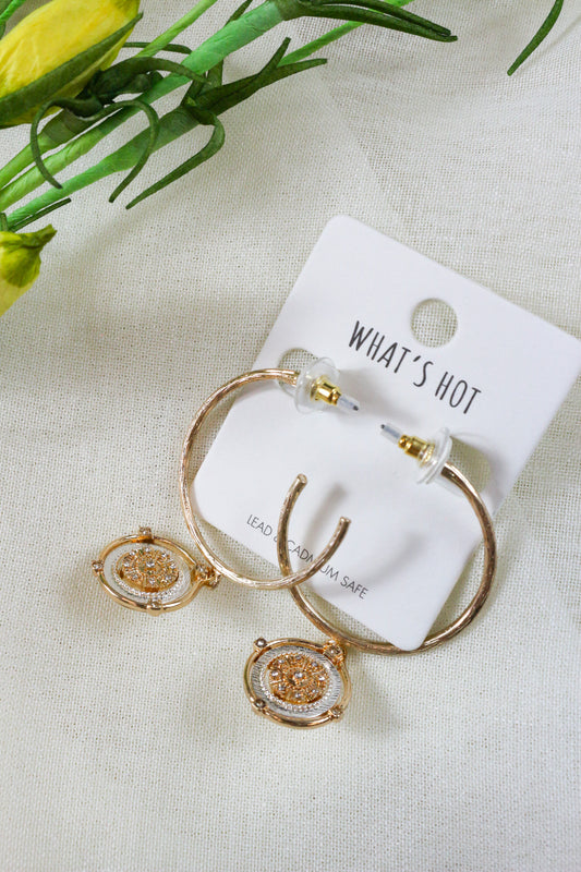 Gold Thin Hoop Two Tone Coin Charm Earring