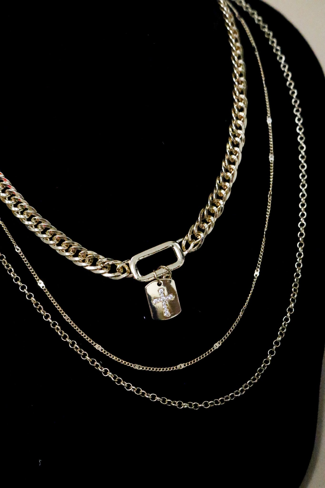 Triple Layered Gold Chain Cross Charm 16"-19" Necklace