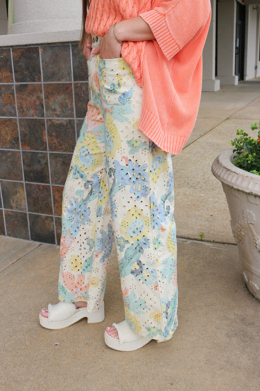 Talking In Circles Floral Eyelet Pants