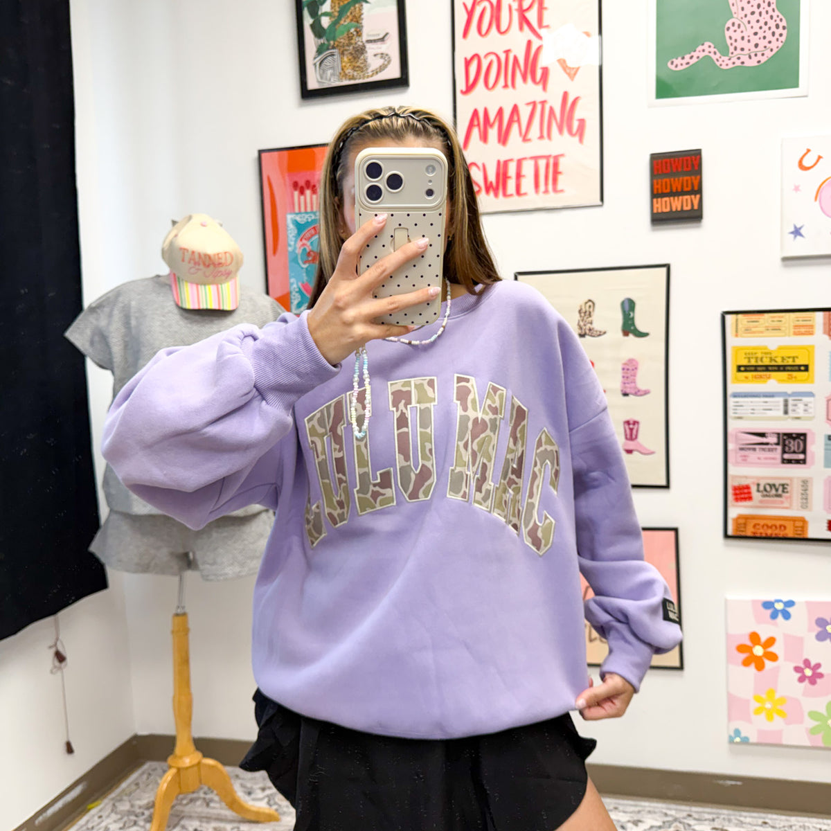 Lulu Mac camo print sweatshirt, shown in one of four available colors