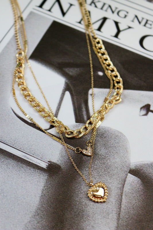 Gold Rhinestone Layered Heart Necklace