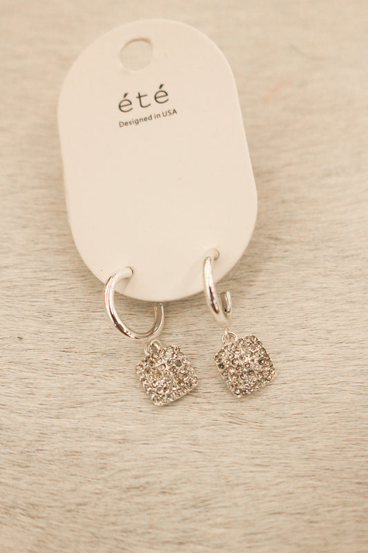 Silver Huggie Hoop with Square Pave Rhinestone Earring
