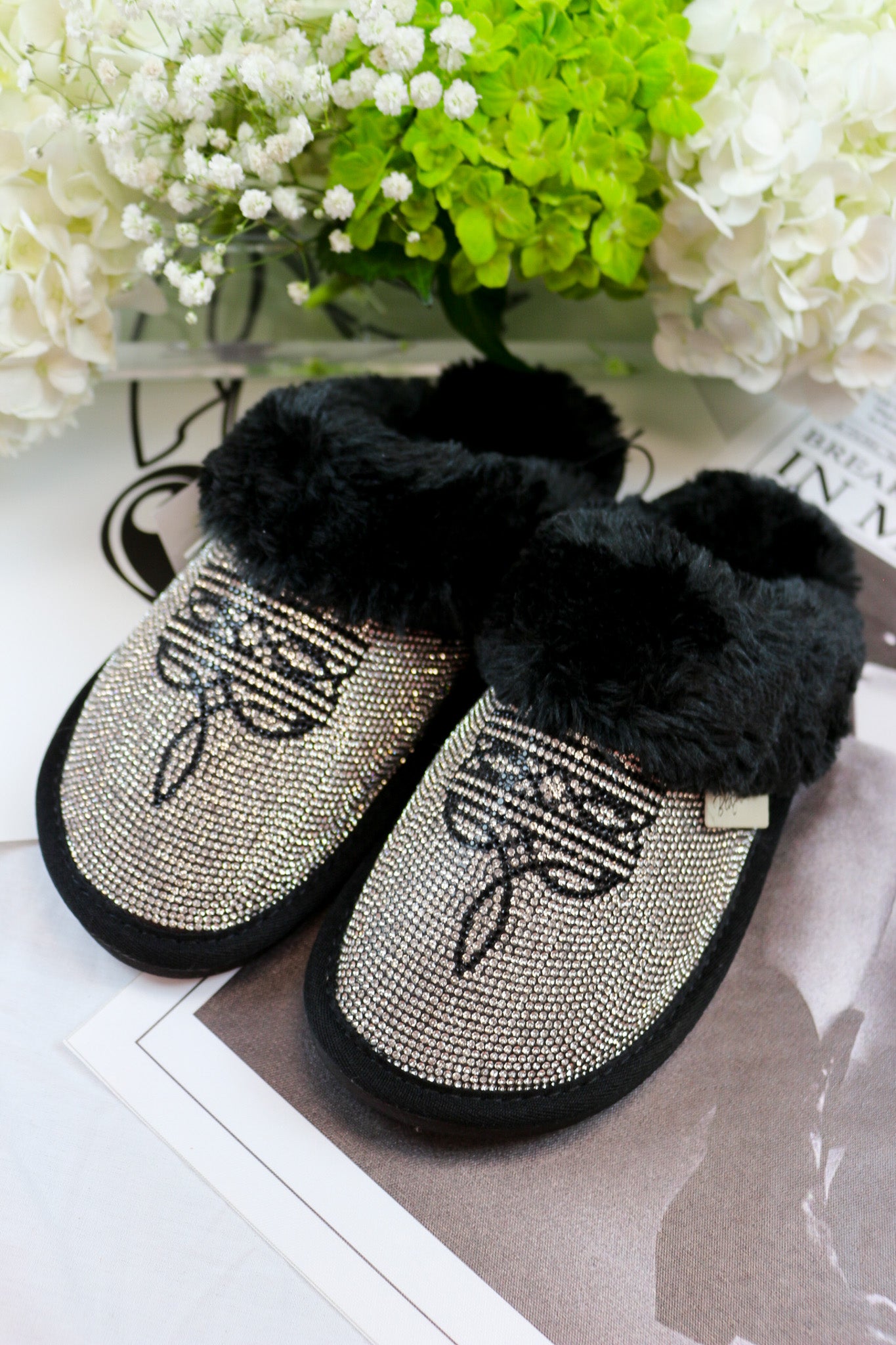 Women's Alexis Black Rhinestone Western Slippers