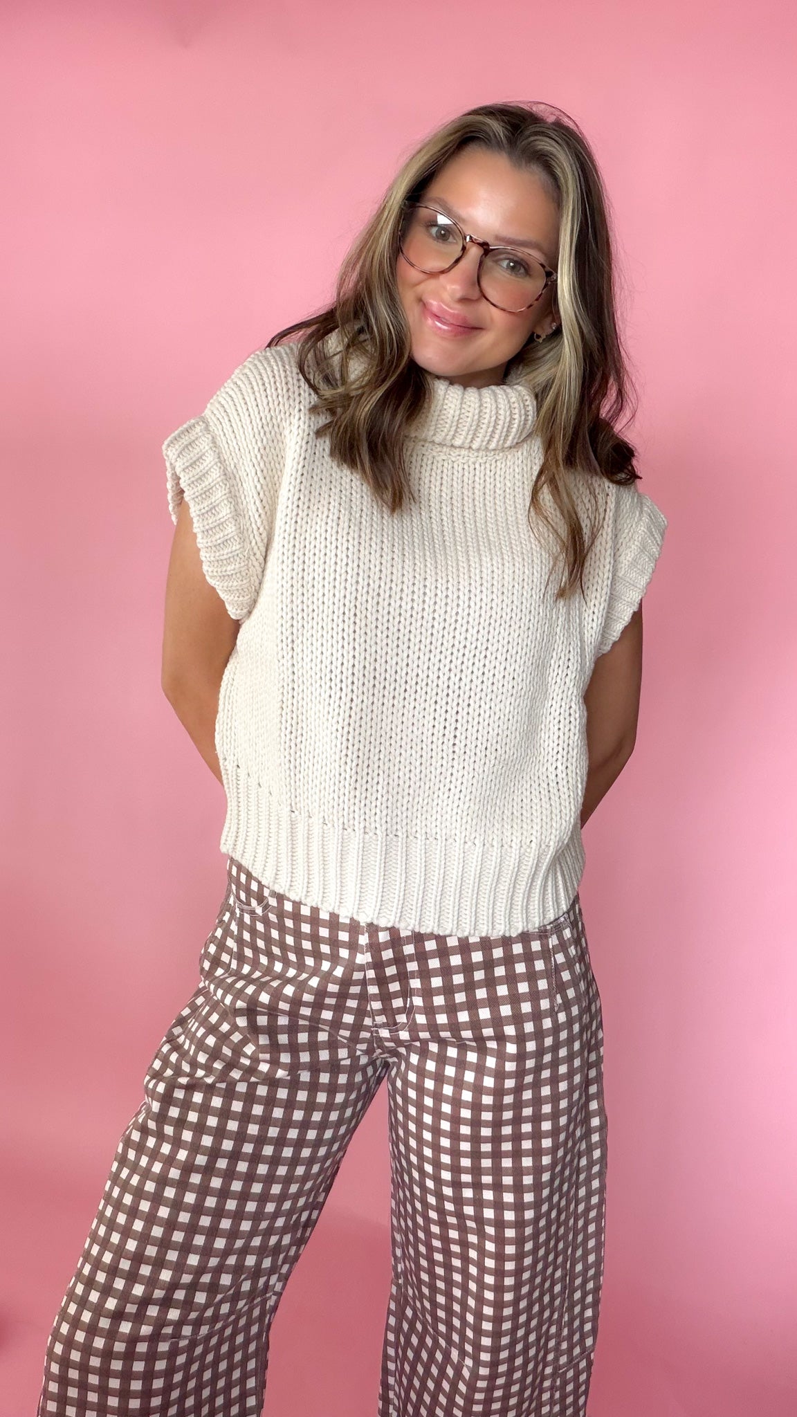 Cream chunky knit turtleneck sweater with short dolman sleeves