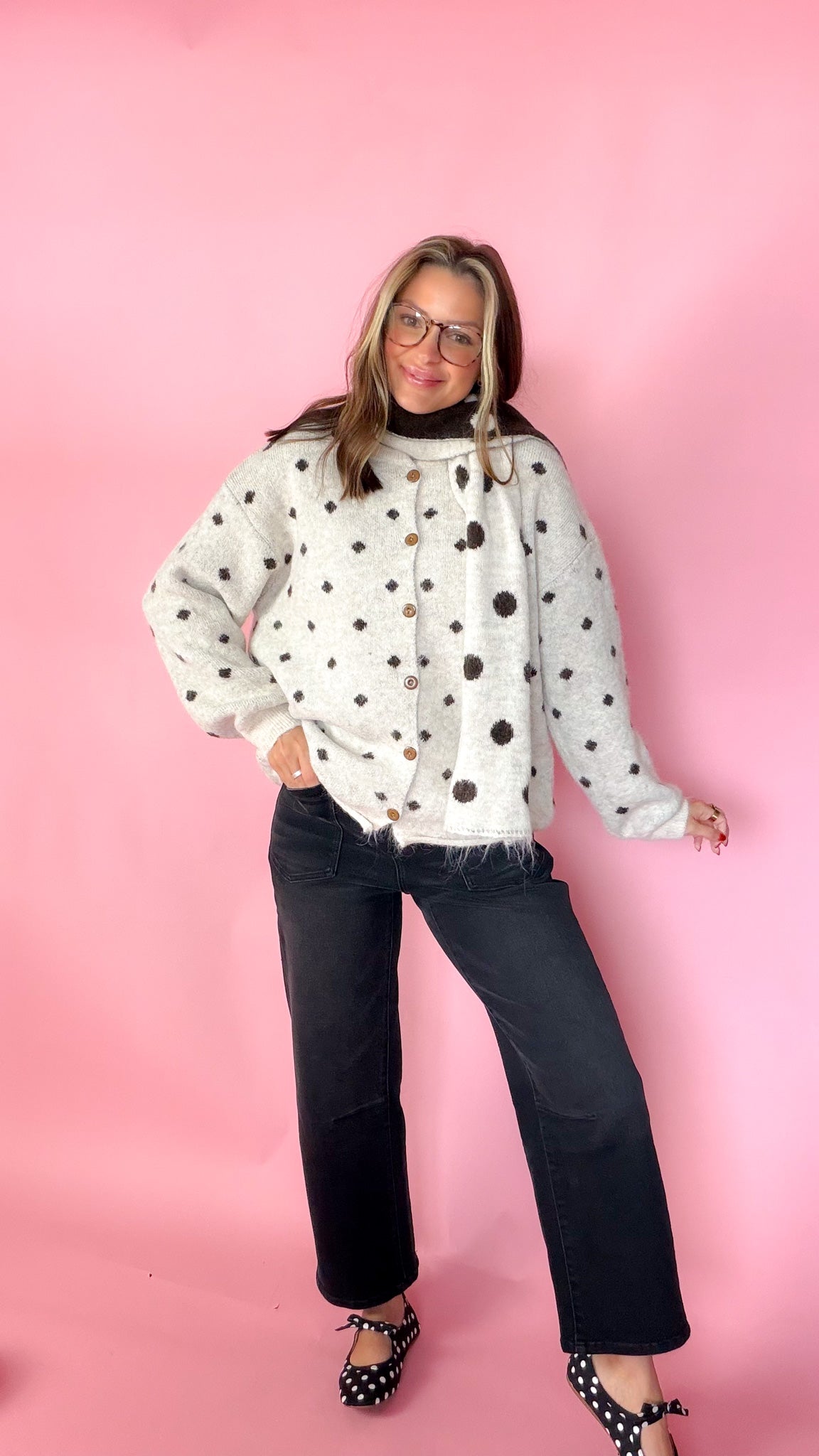 Don't Be So Shy Women's Oatmeal Polka Dot Sweater & Scarf Set
