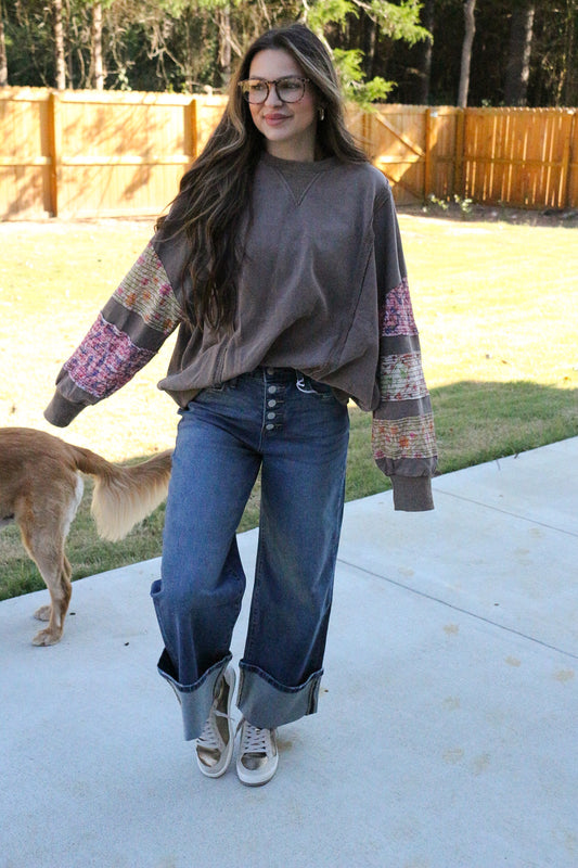 My Truest Self Mocha Brown Floral Patch Top