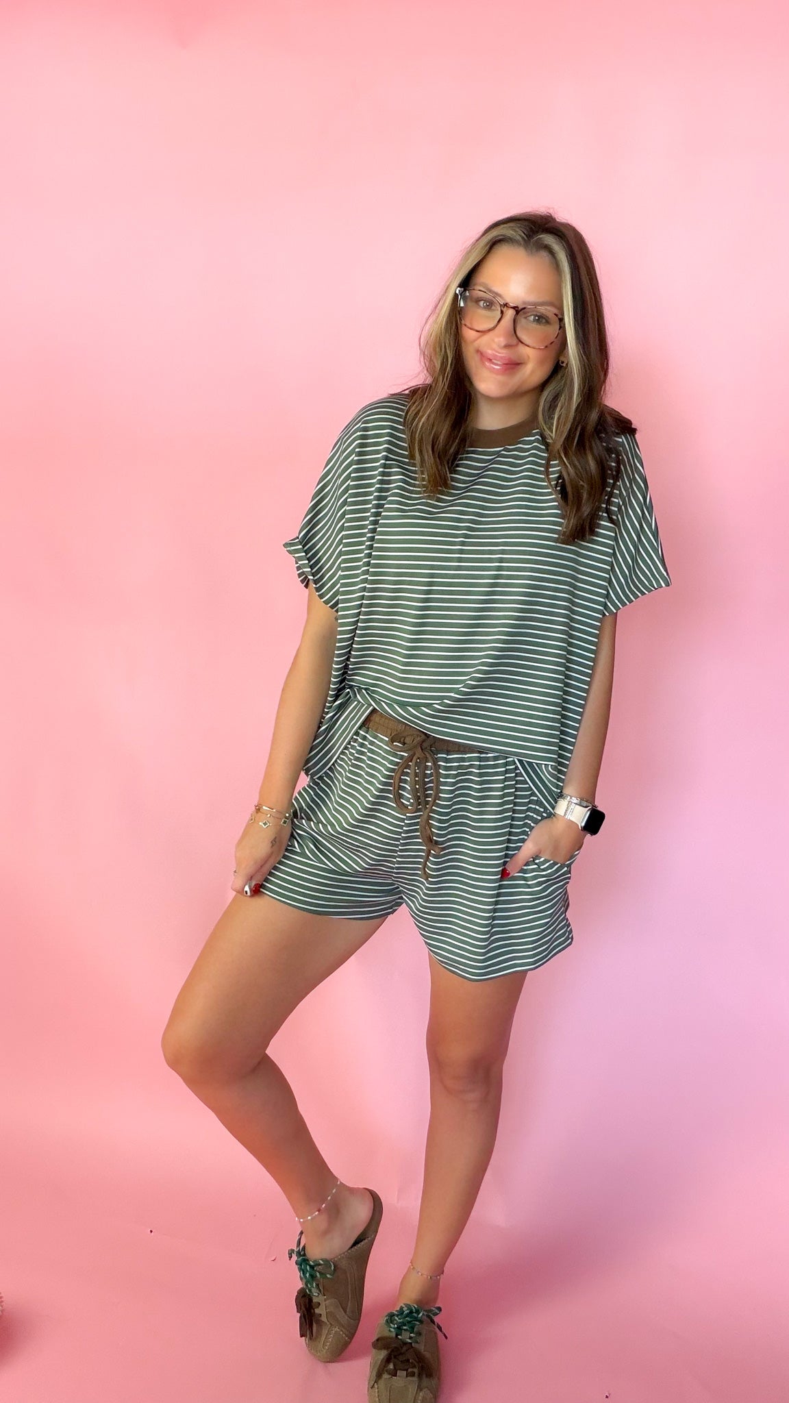 Fun In The Detail Women's Olive Brown Stripe Short Set