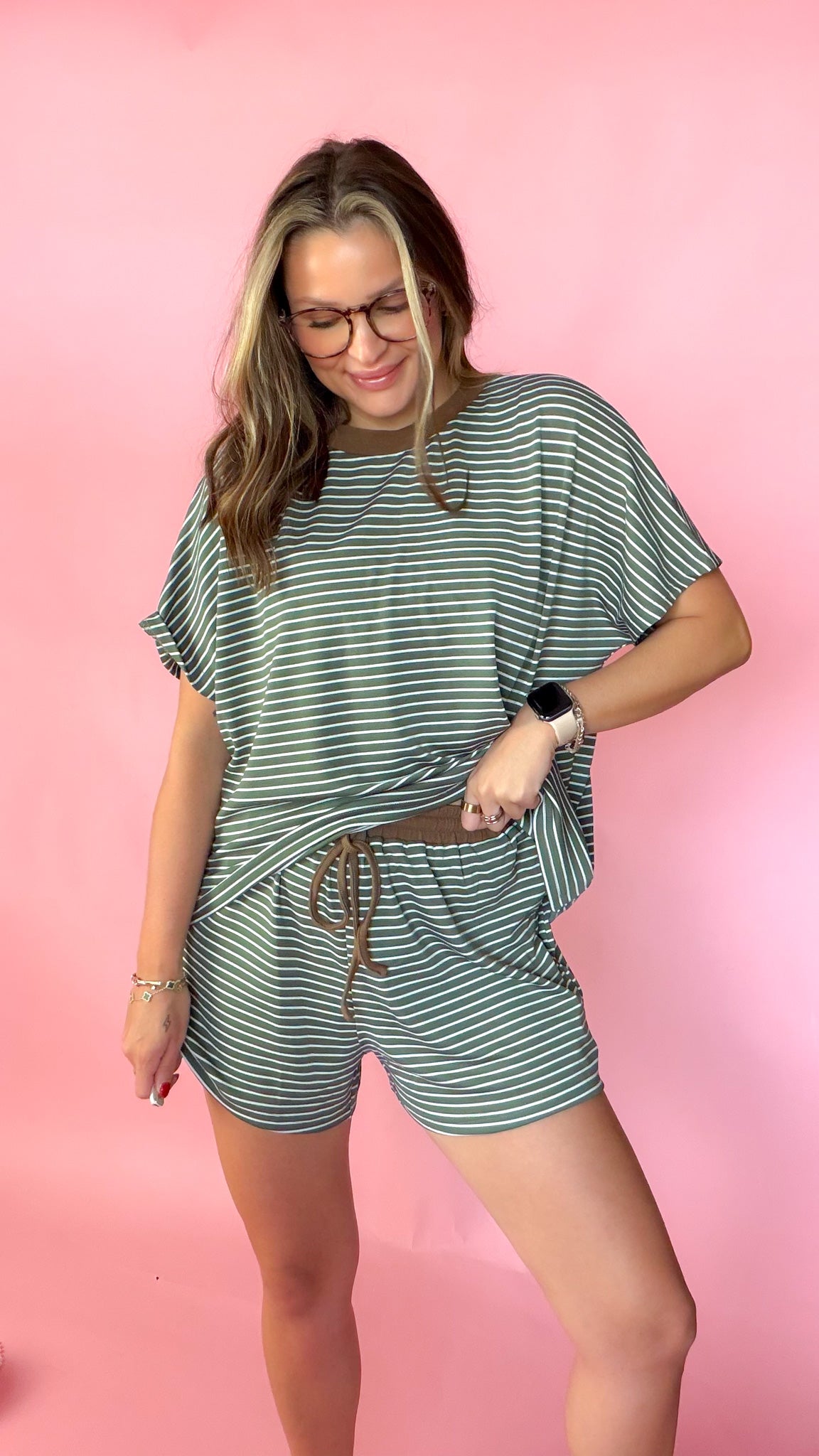 Fun In The Detail Women's Olive Brown Stripe Short Set