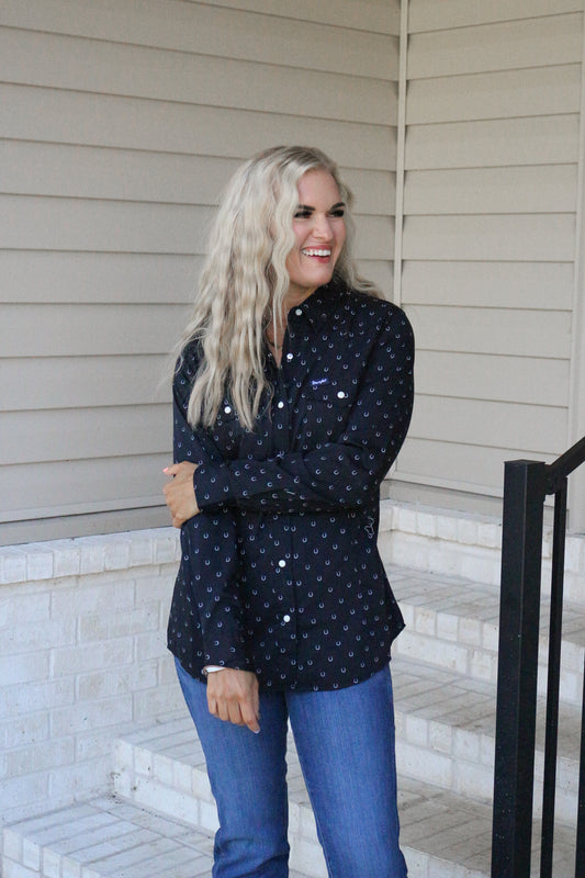 Wrangler All Occasion Horseshoe Black Western Snap Shirt