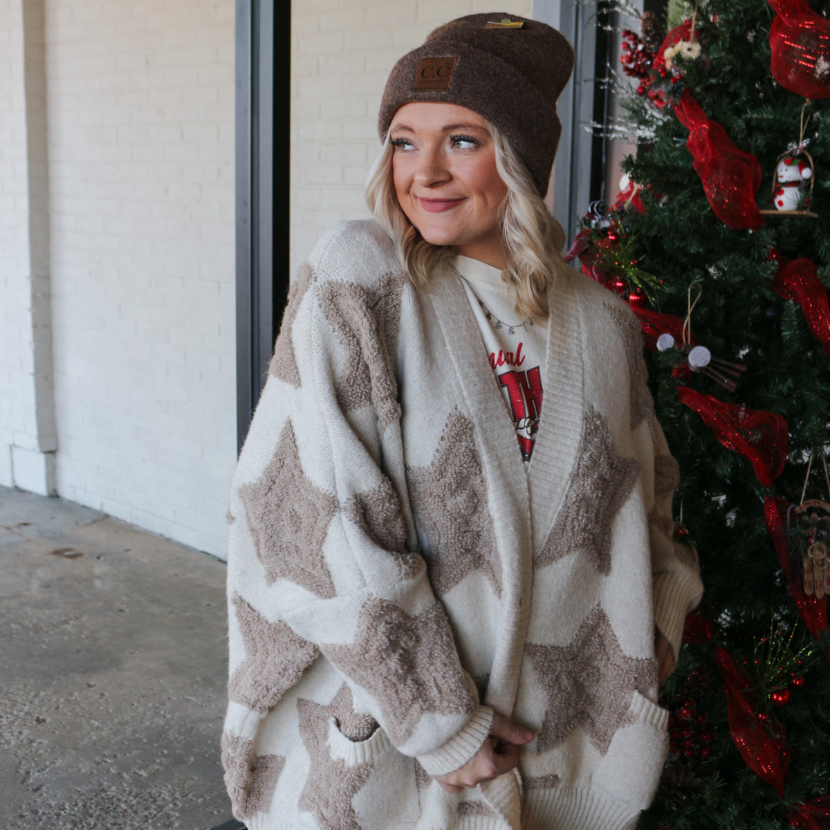 Shooting for the Stars women's oversized sweater cardigan, shown in one of four available colors
