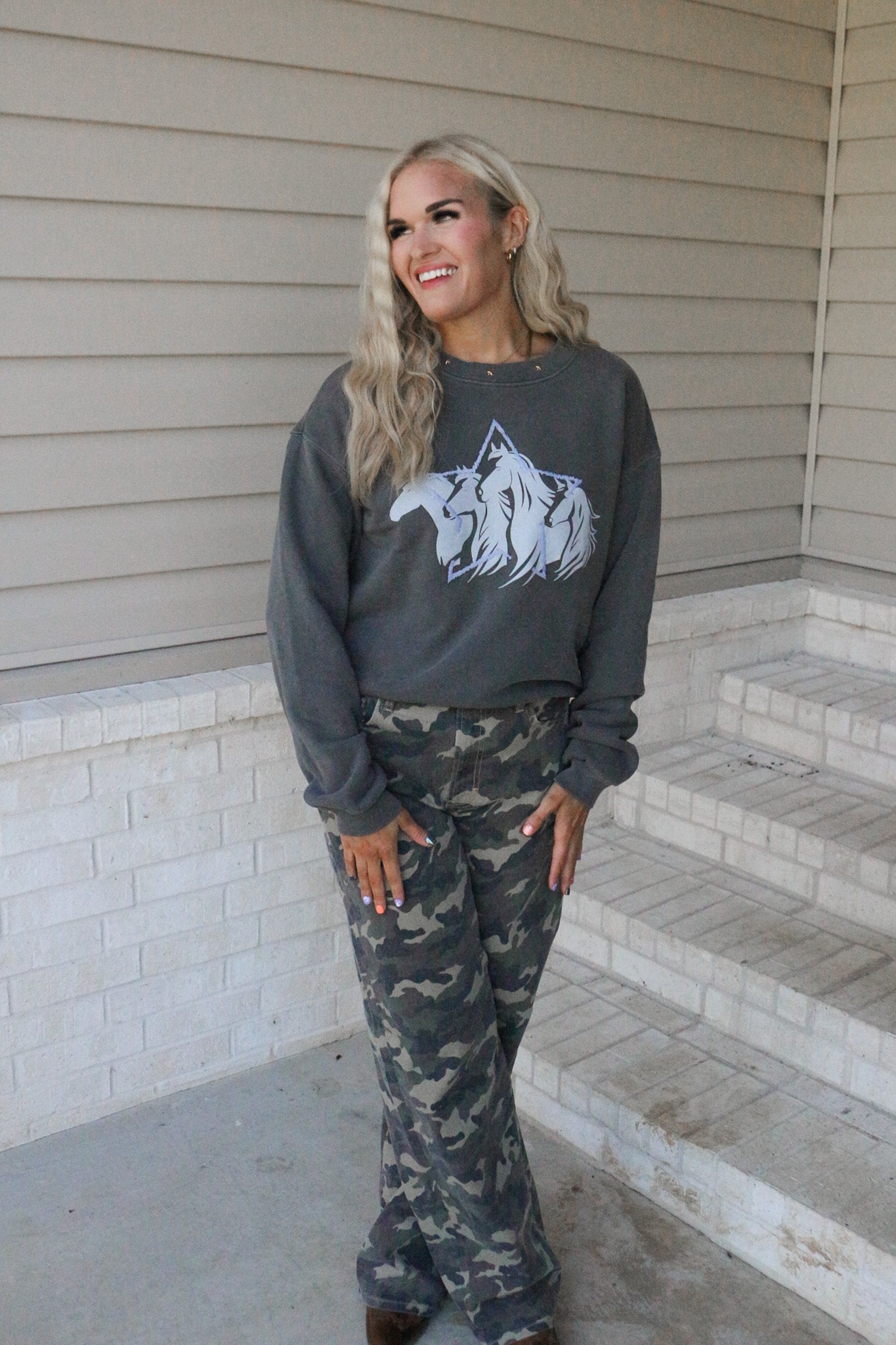 Spunky Wilderness Charcoal Grey Horse Studded Sweatshirt