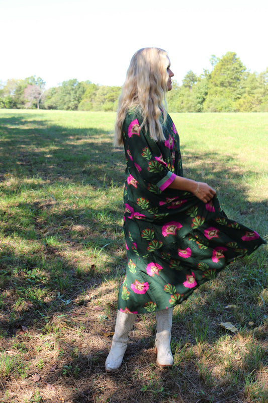 Endless Trail Forest Green Floral Midi Tiered Dress